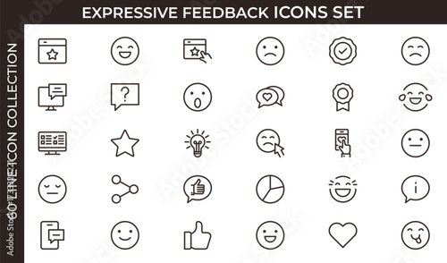 Expressive feedback and rating icon set with bubbles, stars, hearts, badges, and review symbols for digital design. Thin outline icons pack. Vector illustration
