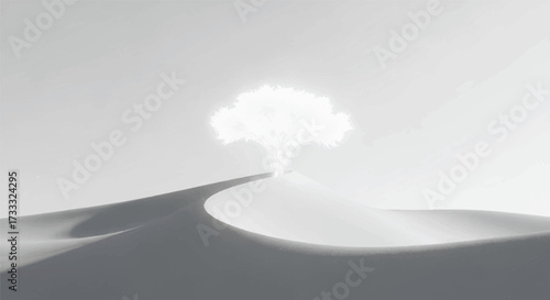 Serene landscape of a solitary tree standing atop a misty mountain valley with gentle slopes and a soft, white cloudy sky.