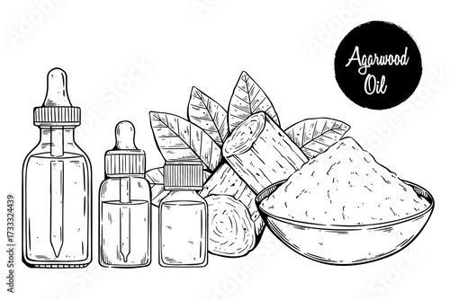 Agarwood Illustration with Glass Bottle for Aromatherapy Essential Oil