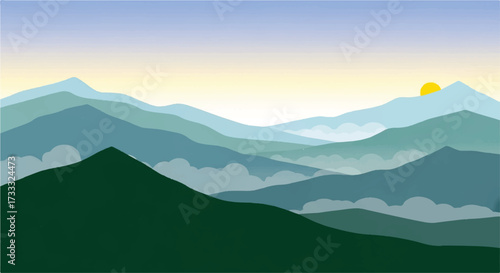 Serene misty mountain valley landscape with rolling hills and sunny sky in shades of green, blue, and yellow.