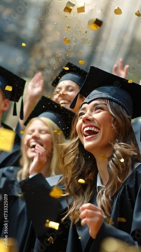 Graduation Day joy: Capture the culmination of years of hard work and dedication as a group of happy graduates celebrate their graduation, throwing confetti to the sky.