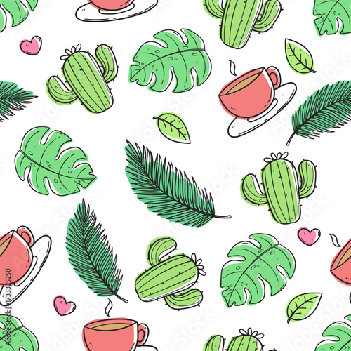 doodle seamless pattern featuring summer elements on a clean white background. Perfect for seasonal design, tropical artwork, holiday theme, beach decoration, fun pattern.