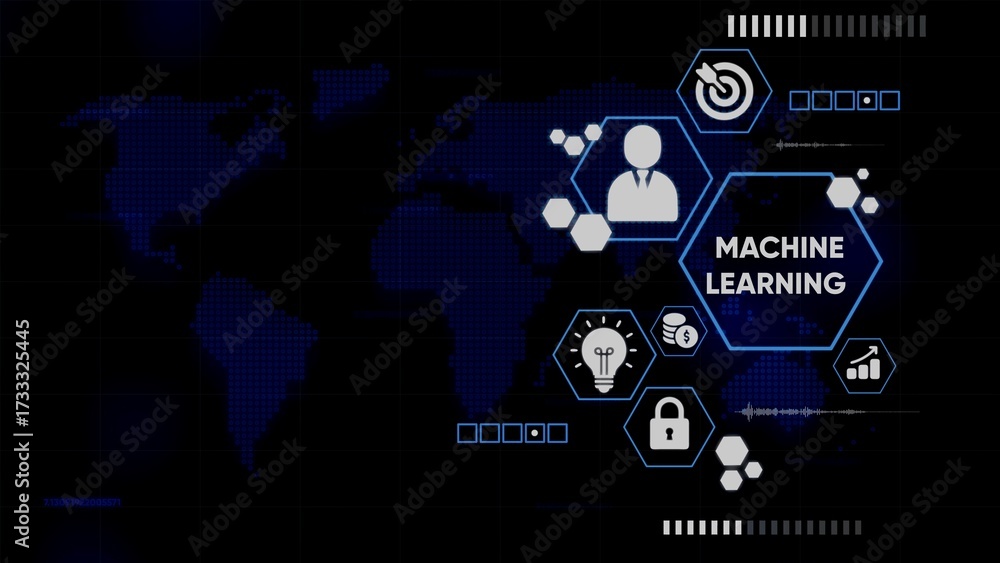Fototapeta premium Machine Learning Infographic with World Map and Icons on Dark Background artificial intelligence technology