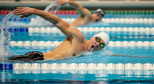 Determined young swimmer races intensely in indoor pool, splashing water with powerful freestyle stroke, pushing limits for victory