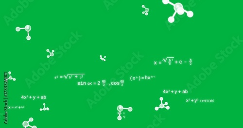 Animation of digital molecules over mathematical equations on transparent background