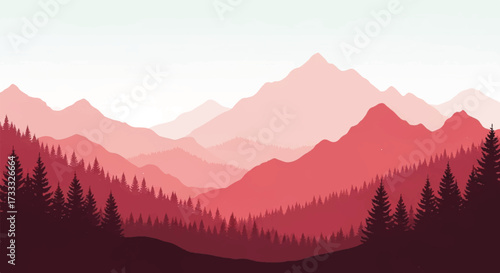 Illustration of a misty mountain valley with a gradient of red hues and silhouetted trees in the foreground against a subtle sky.