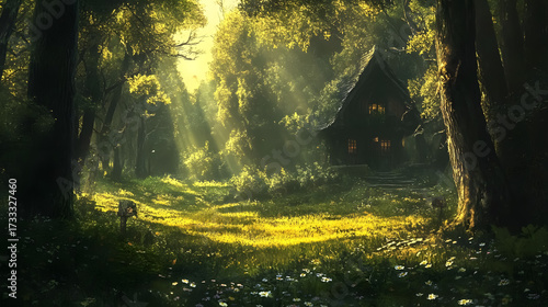 Fototapeta Naklejka Na Ścianę i Meble -  Enchanted forest cottage bathed in golden sunlight, perfect for storybook illustrations or idyllic lifestyle branding, evoking peace and escapism beautifully