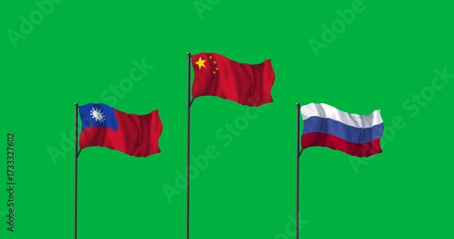 Animation of three flags of taiwan, china and russia on poles against blank background