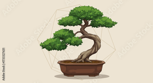 Traditional Japanese Bonsai Tree Illustration in Ceramic Pot, Green Leaves on Minimalist Beige Background, Serene and Balanced