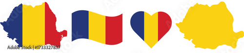 Stylized Romania Map with Integrated Flag Design in Bold, Vibrant Colors. Modern Patriotic Art for National Pride, Sports Events, Tourism Promotion, and Educational Infographics. Vector Illustration.