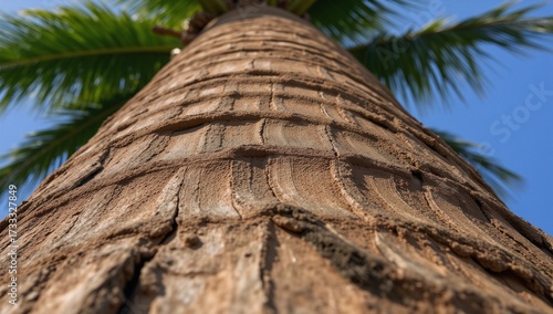 palm tree against blue sky bottom view
