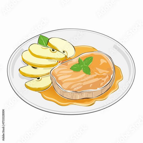 Illustration of a pork chop with applesauce and sliced apples on a plate.