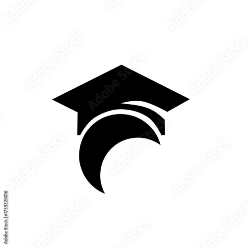 Minimalist logo with a graduation cap and crescent shape, symbolizing knowledge, wisdom, and enlightenment. Ideal for education, learning platforms, and institutions.