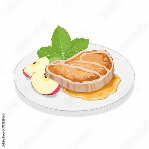 A beautifully presented plate of cooked pork chop with apple slices and mint leaves.