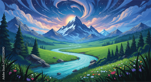 Vibrant painting of a misty mountain valley with a winding river, lush green grass, colorful flowers, and trees under a starry night sky with swirling clouds.