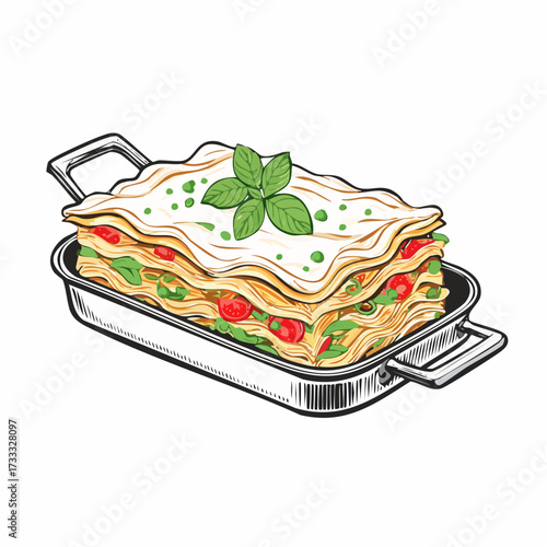 Illustration of a lasagna dish with basil leaves on top, in a metal pan.