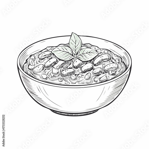 Hand-drawn sketch of a hearty bean dish in a bowl, topped with fresh basil leaves, presented in a line art style.