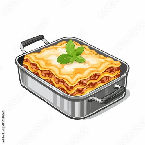 A detailed illustration of a freshly baked lasagna in a rectangular metal baking dish, garnished with basil.