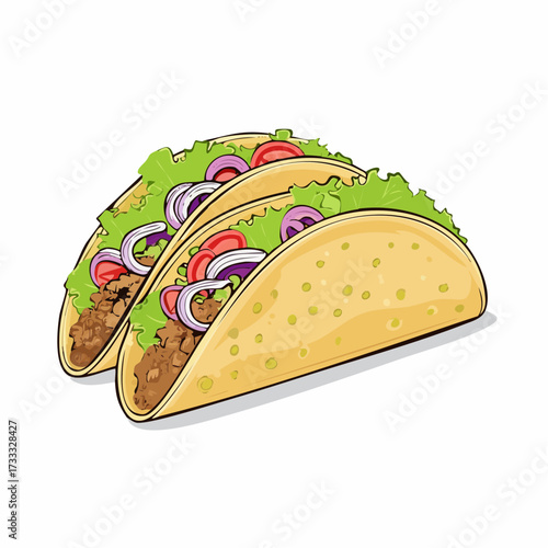 Two delicious tacos filled with seasoned ground meat, lettuce, tomatoes, and red onions, presented in a golden-yellow tortilla shell.