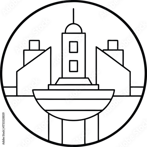 continuous line art of futuristic circular ai city illustration on transparent background