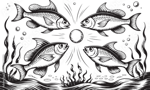 Vintage Engraving outline Illustration of Fishes Playing with Ball