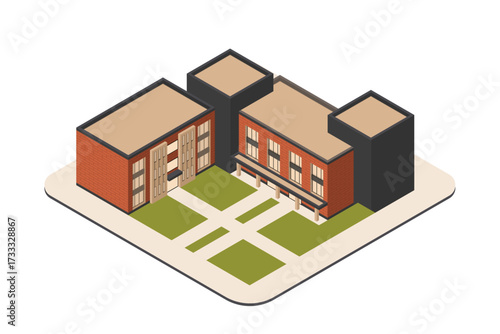 Isometric View of Modern Campus Building with Green Courtyard Design