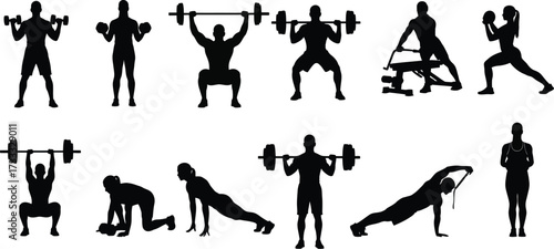Silhouette of people doing weightlifting exercises, fitness training with barbell and dumbbell for strength
