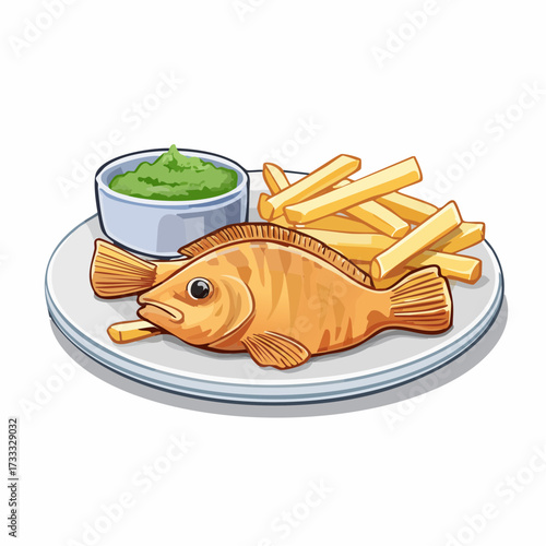 Illustration of a whole cooked fish served on a plate with french fries, dipping sauce, and a lime wedge.
