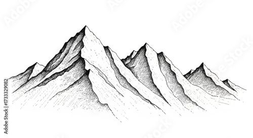 A detailed black and white illustration of a misty mountain valley with rugged peaks and shading on a plain background.