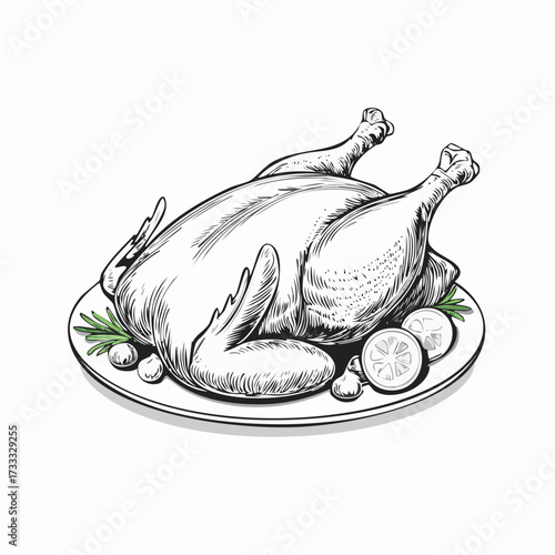 A detailed black and white illustration of a roasted chicken on a plate with garnishes.
