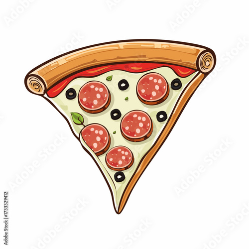 A cartoon illustration of a single slice of pizza with pepperoni, black olives, melted cheese, and a thick rolled crust.