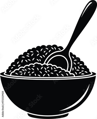 Black bowl with caviar and spoon, gourmet food, luxury