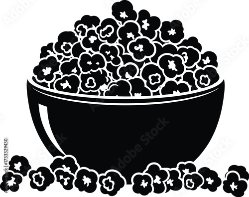 Black popcorn in bowl, snack food for movie night, vector illustration