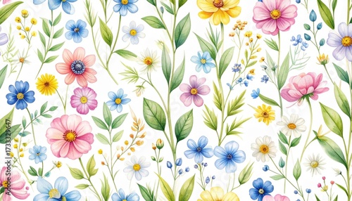 Watercolor floral pattern featuring colorful flowers, delicate leaves, and winding stems on a white background.