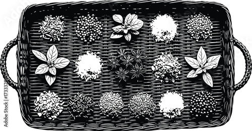 Engraved spice assortment on a woven tray, culinary herbs and seasonings