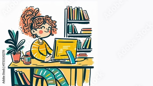 Video of a girl with curly hair typing on a computer