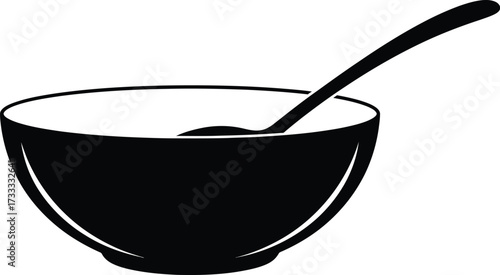 Black bowl with a spoon, simple monochrome design for food and nutrition