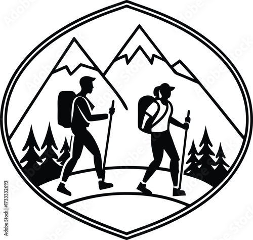 couple hiking silhouette illustration on transparent background