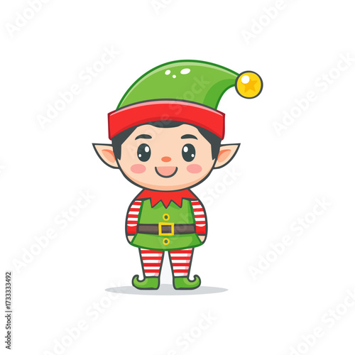 A cute cartoon elf stands smiling, wearing a green and red hat, green tunic, and striped leggings.