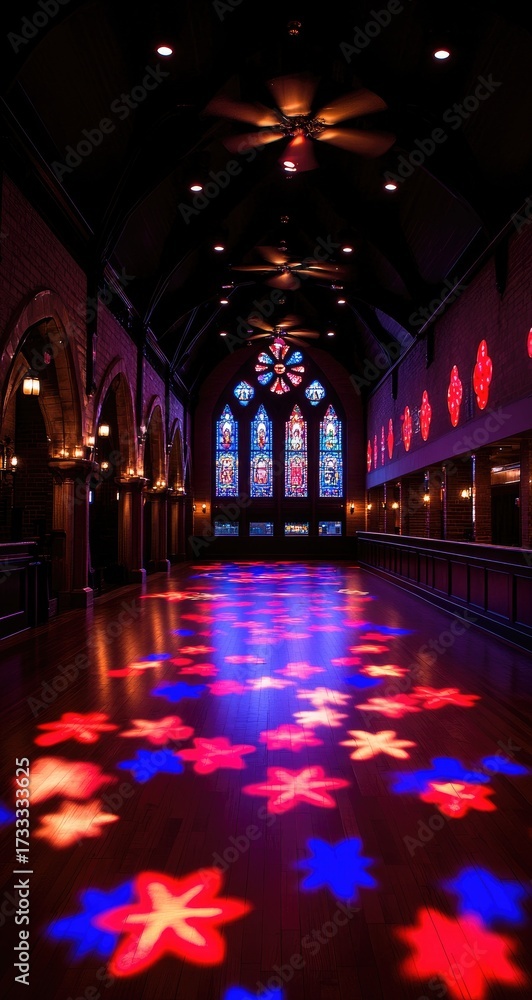 Obraz premium Ornate hall glows. Stained glass windows light the floor