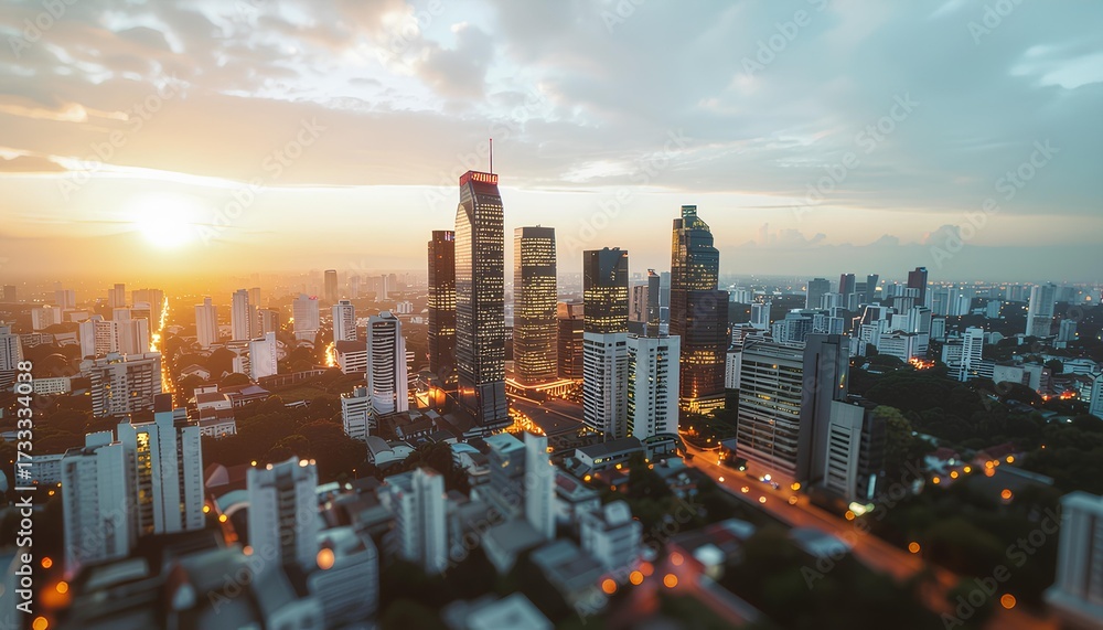 Fototapeta premium fantasy illustration of futuristic cityscape with skyscrapers at sunset.