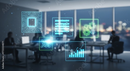 Wallpaper Mural Business meeting with digital overlays showing data analysis and technology integration in the office Torontodigital.ca