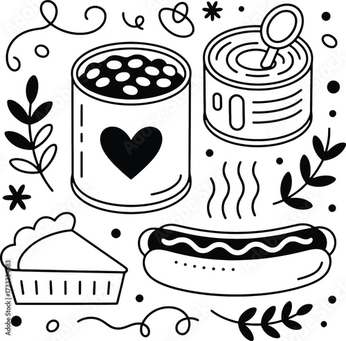Doodle style food items and decorative elements Keywords: food, doodle, drawing, illustration, hot dog, pie, canned food, beans, soup, leaves, swirls