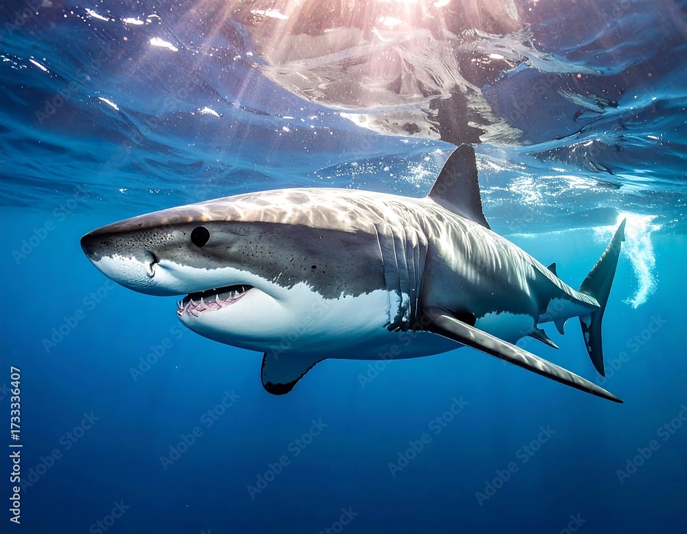 Fototapeta premium Great white shark in deep blue ocean