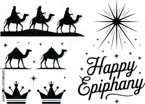 Happy Epiphany with Three Wise Men camels and crowns illustration holiday celebration
