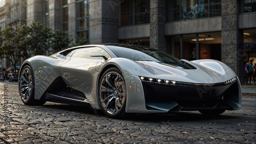 A futuristic sports car parked on a cobblestone street in what appears to be an old town. The car has a modern and aggressive design, with a low profile and sharp, angular lines.