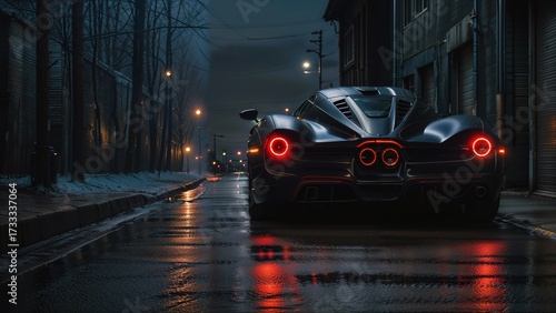 A black sports car parked on a wet, urban street under a cloudy sky. The car's vibrant taillights are illuminated, and there are reflections on the wet road surface.