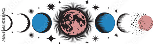 Collection of moon eclipse phases vector icons representing astronomy lunar cycle education mystical cosmic art and digital projects