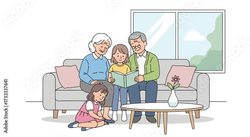 Grandparents reading a storybook to their two granddaughters on a sofa in a bright, cozy living room.