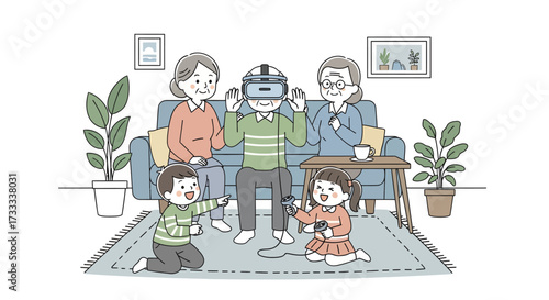 A family of six, including grandparents and grandchildren, are gathered in a living room. The grandfather is wearing a VR headset, while the grandchildren play with controllers.